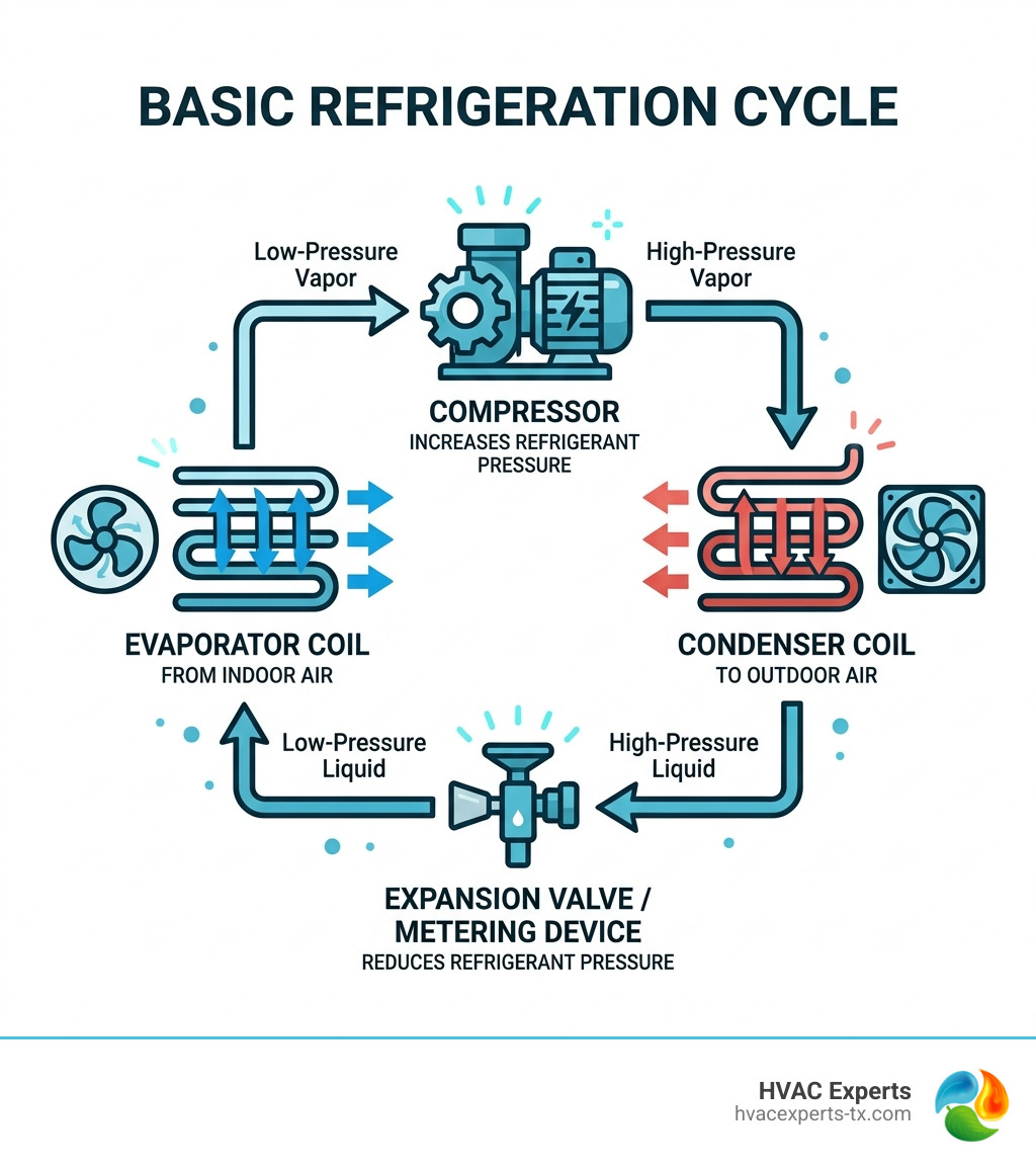 Basic refrigeration cycle infographic showing evaporator coil, compressor, condenser, and refrigerant flow - air
