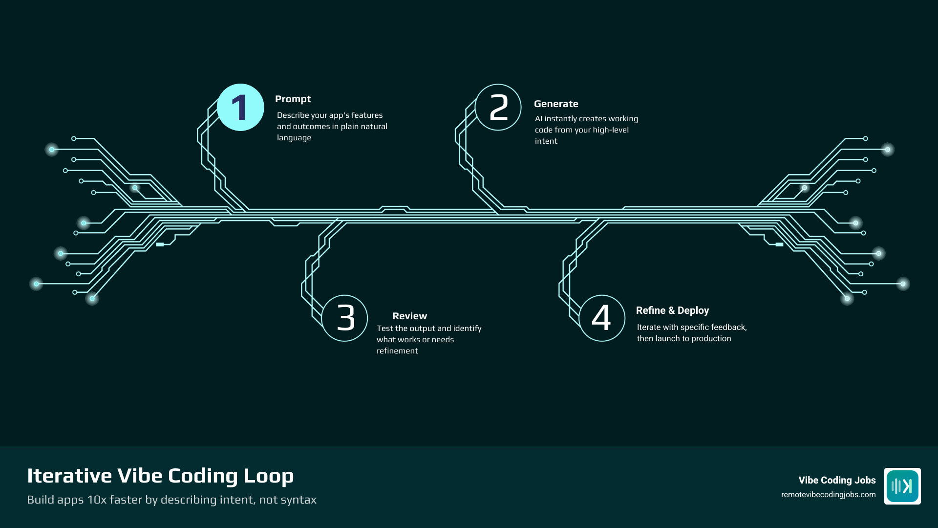 Iterative vibe coding loop: Prompt → Generate → Review → Refine → Deploy - best way to learn vibe coding infographic