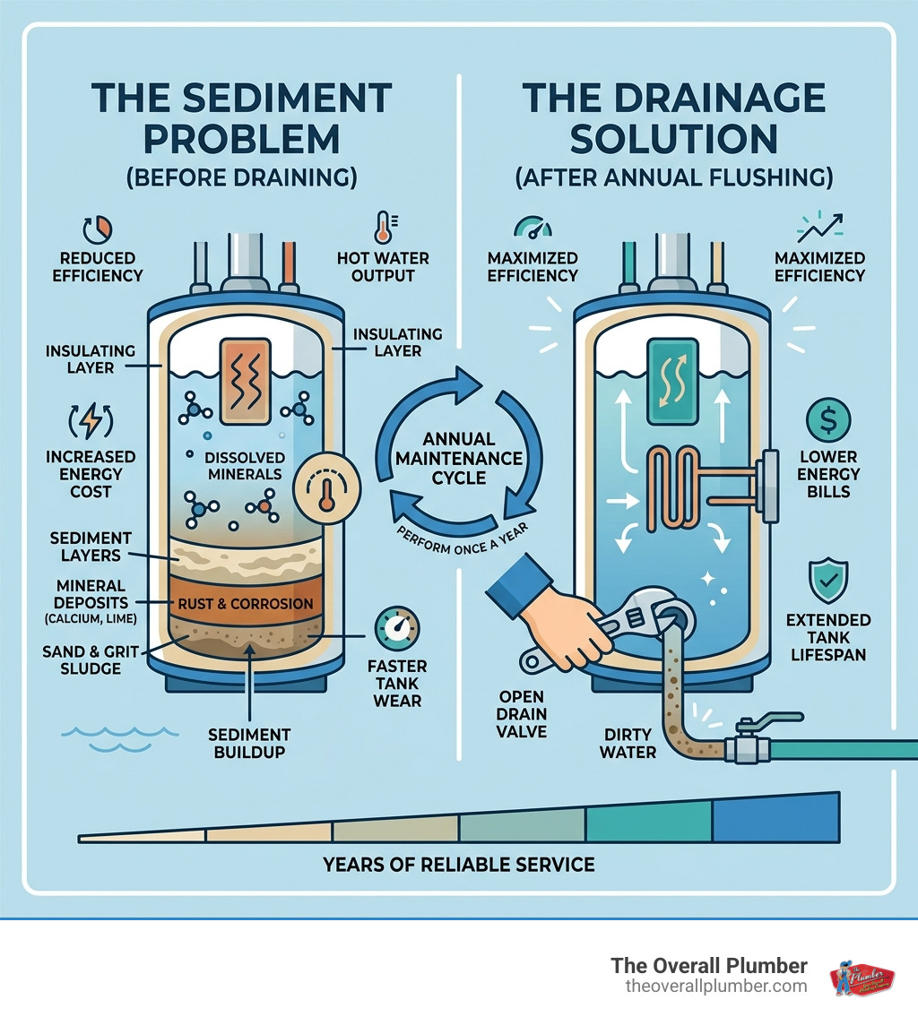 Infographic showing sediment layers in a water heater tank and how draining removes buildup annually - drain hot water tank