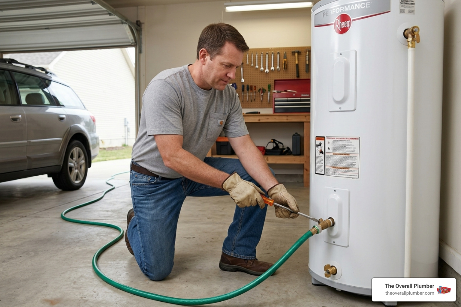 Homeowner preparing a garden hose and screwdriver to drain a water heater safely - drain hot water tank