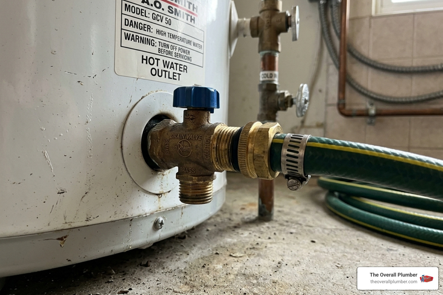 A garden hose securely connected to a brass water heater drain valve - drain hot water tank
