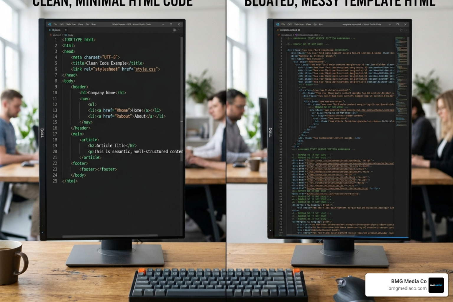 Clean source code vs bloated template code comparison - no template web design sussex