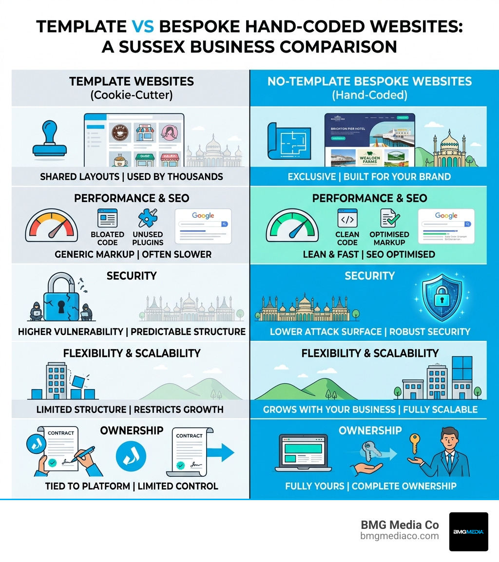 Template vs bespoke hand-coded website comparison infographic for Sussex businesses - no template web design sussex