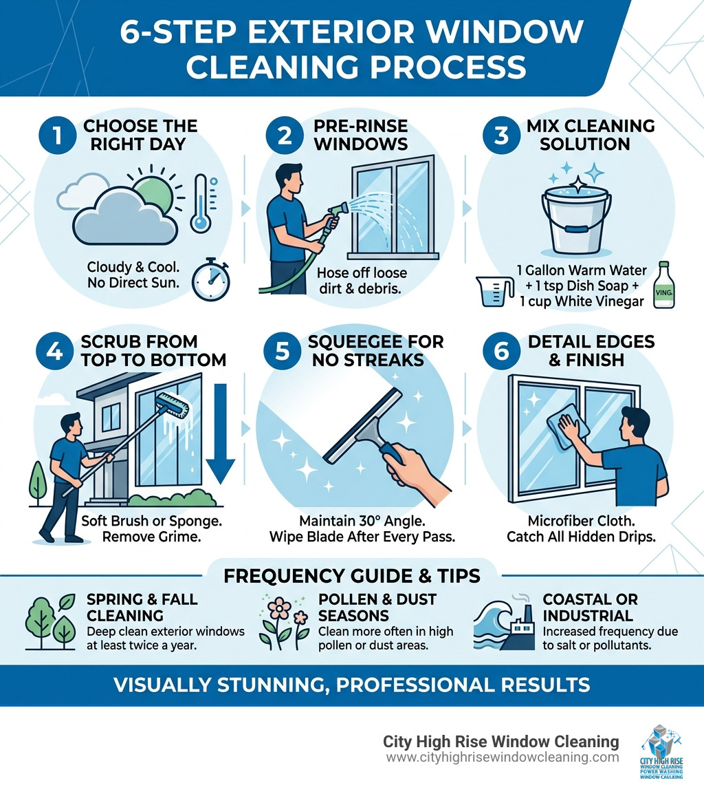 Infographic: 6-step exterior window cleaning process with tools, solutions, timing tips, and frequency guide - Home exterior Infographic: 6-step exterior window cleaning process with tools, solutions, timing tips, and frequency guide - Home exterior