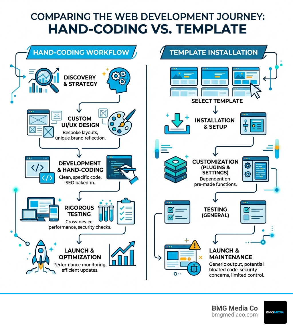 Infographic showing the hand-coding workflow versus template installation - no template web design sussex infographic 
