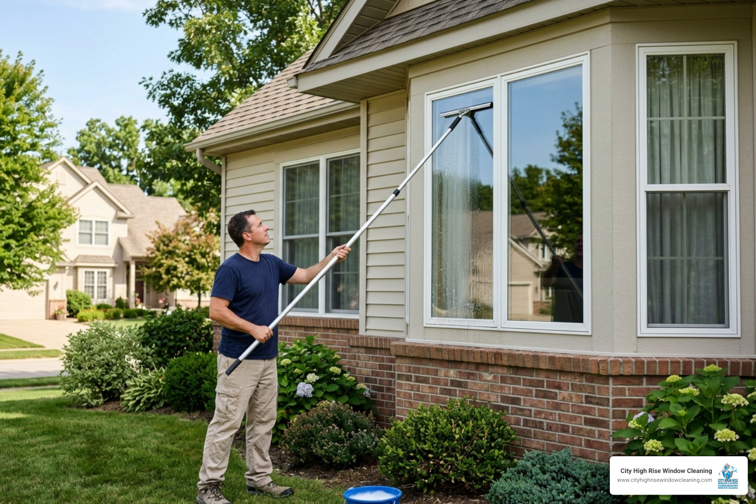 homeowner using a squeegee on a large picture window top to bottom motion - Home exterior window cleaning homeowner using a squeegee on a large picture window top to bottom motion - Home exterior window cleaning