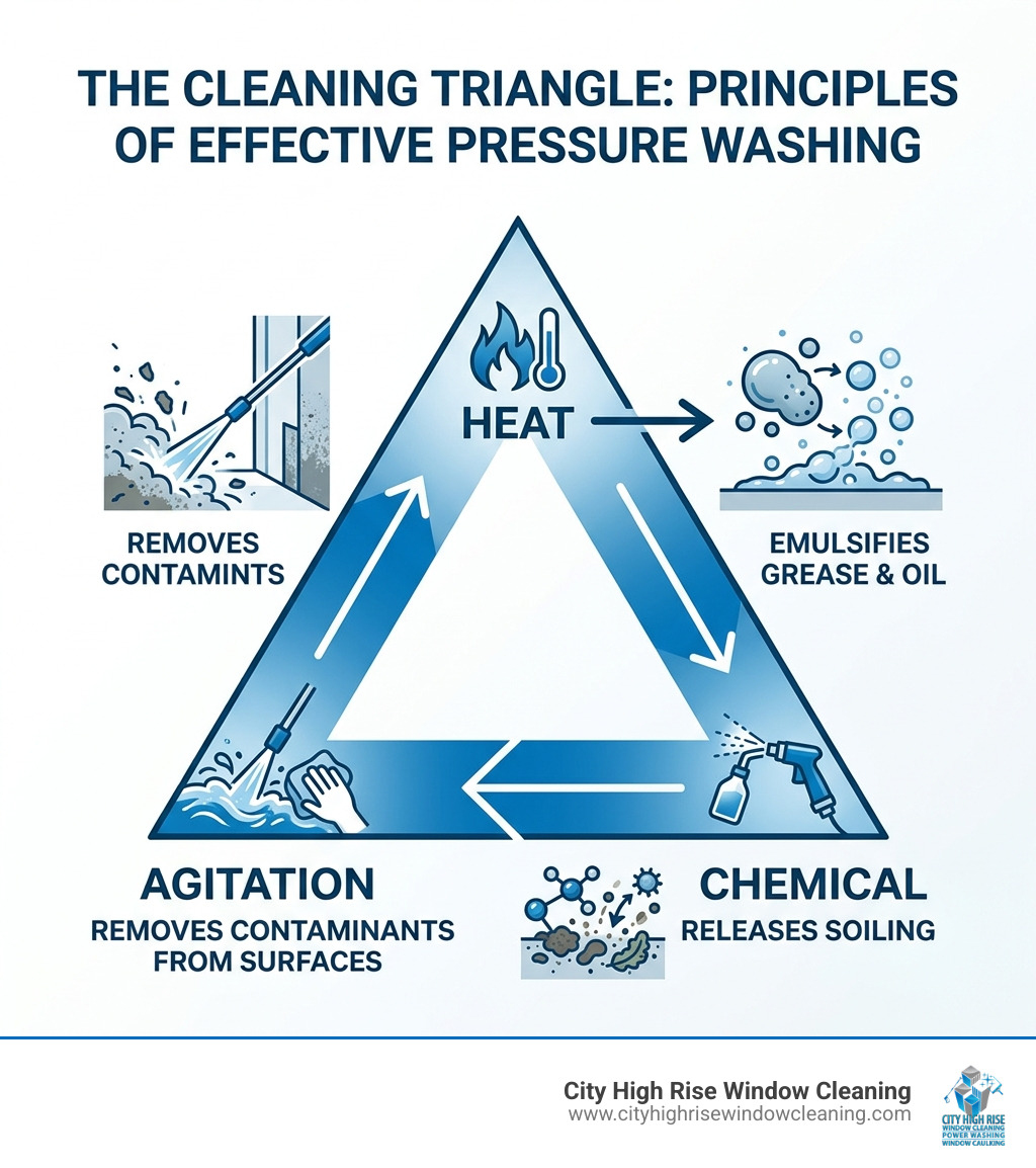 Infographic showing the Cleaning Triangle: Heat emulsifies grease, Chemical releases soiling, Agitation removes contaminants Infographic showing the Cleaning Triangle: Heat emulsifies grease, Chemical releases soiling, Agitation removes contaminants