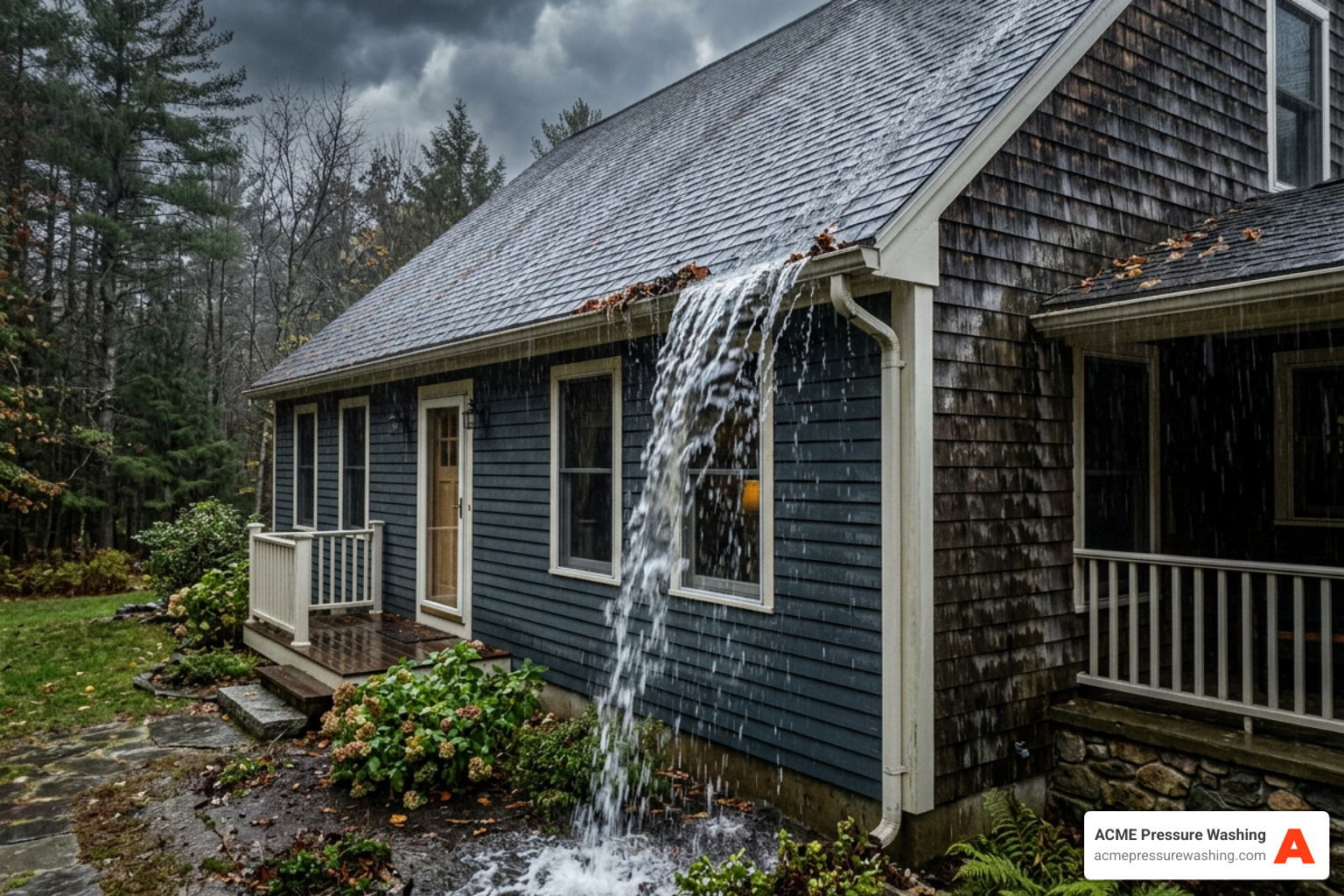Water overflowing from a clogged gutter during a New Hampshire rainstorm - Gutter cleaning Manchester NH