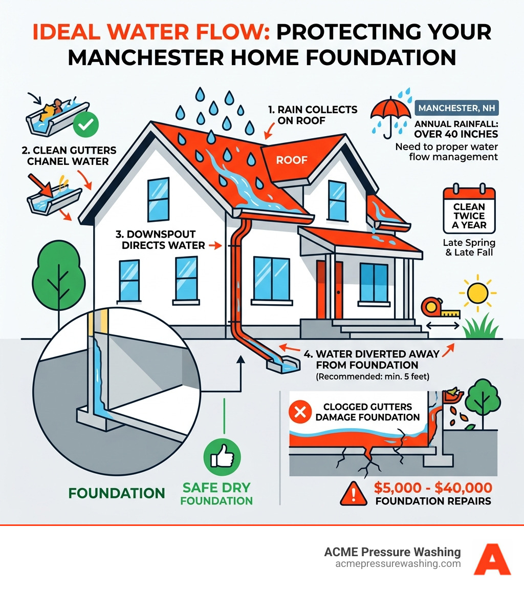Infographic showing water flow from roof through gutters to downspout and away from foundation - Gutter cleaning Manchester