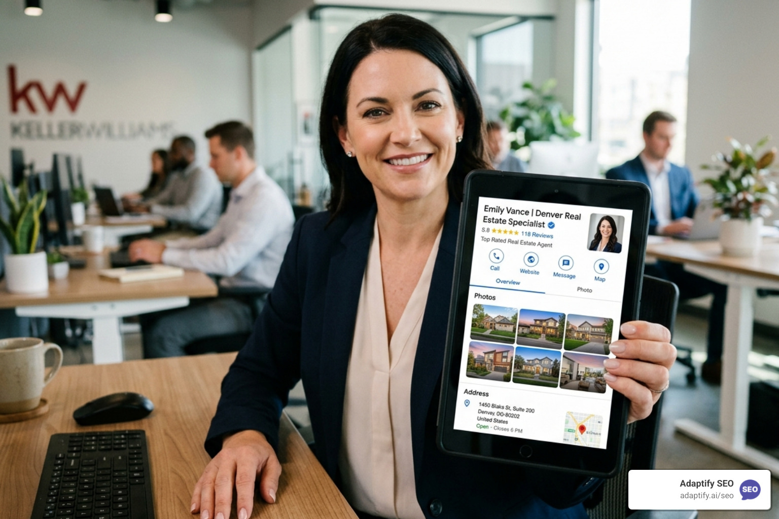 Verified Google Business Profile on a tablet showing high ratings and local photos - Local SEO for real estate