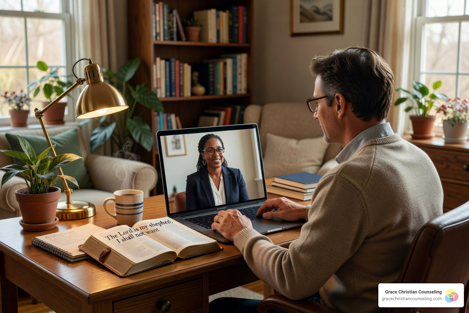 A laptop showing a video call for online Bible-based therapy - Bible-based therapy Bethel Park