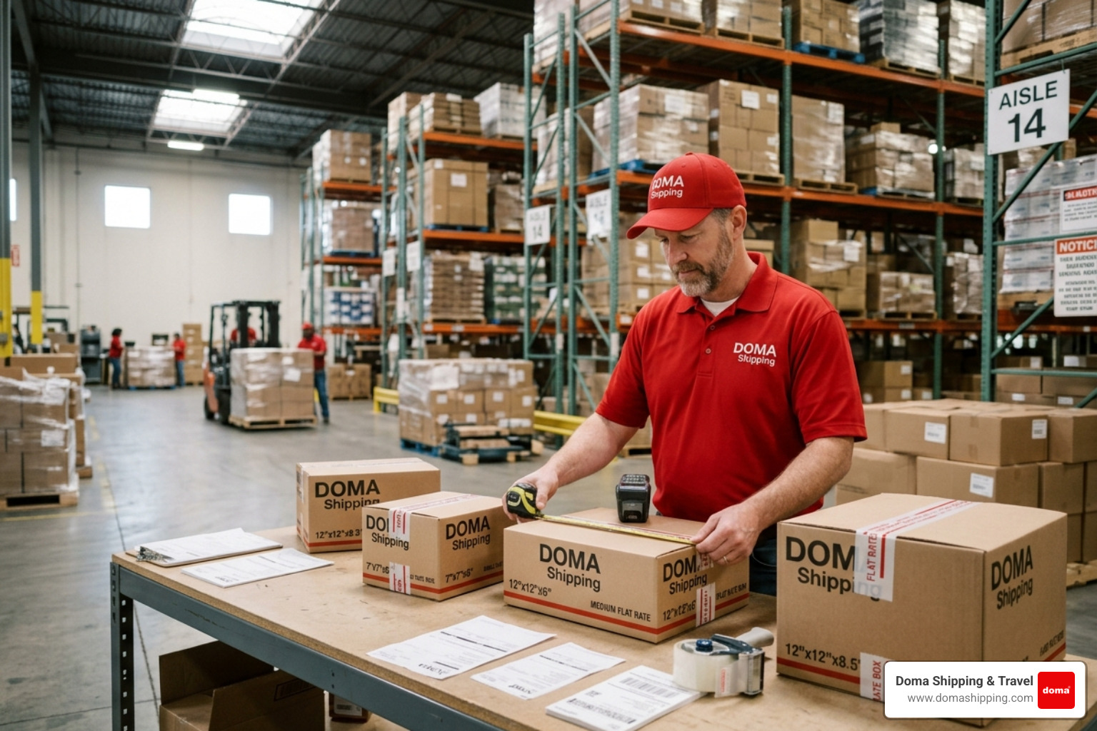 Doma Shipping worker in a red uniform carefully inspecting standard flat rate box sizes in a suburban Chicago warehouse Doma Shipping worker in a red uniform carefully inspecting standard flat rate box sizes in a suburban Chicago warehouse
