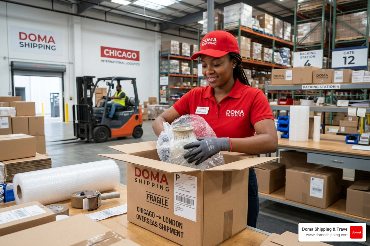 Doma Shipping professional in red cap demonstrating secure packaging techniques for an overseas parcel in a clean warehouse Doma Shipping professional in red cap demonstrating secure packaging techniques for an overseas parcel in a clean warehouse
