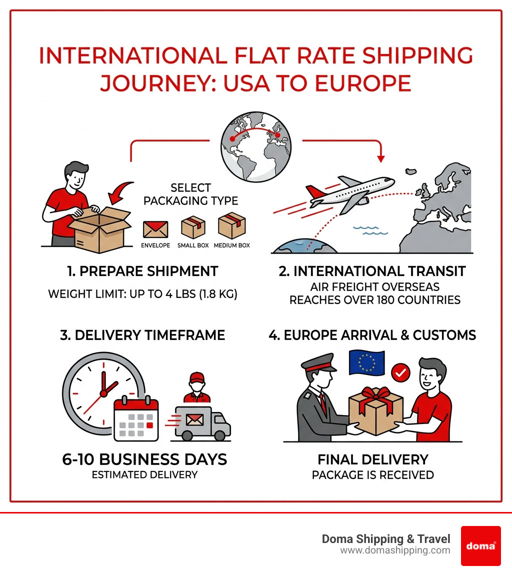 Infographic showing the international flat rate shipping journey from USA to Europe with packaging types, weight limits, and Infographic showing the international flat rate shipping journey from USA to Europe with packaging types, weight limits, and
