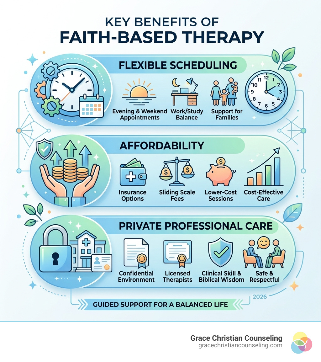 Infographic showing flexible scheduling, affordability, and private professional care infographic