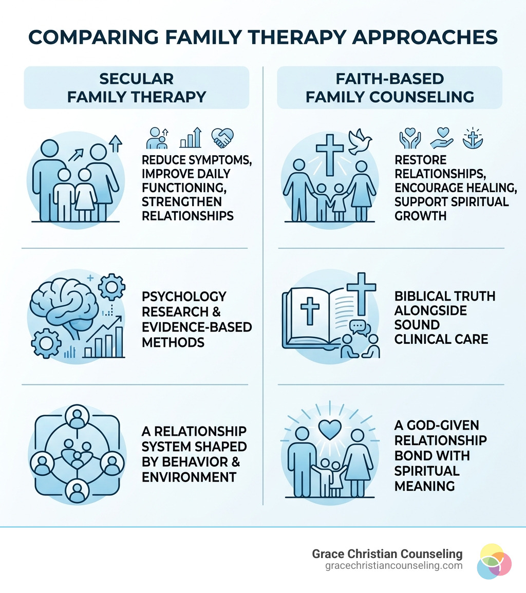 Infographic comparing secular family therapy and faith-based family counseling infographic