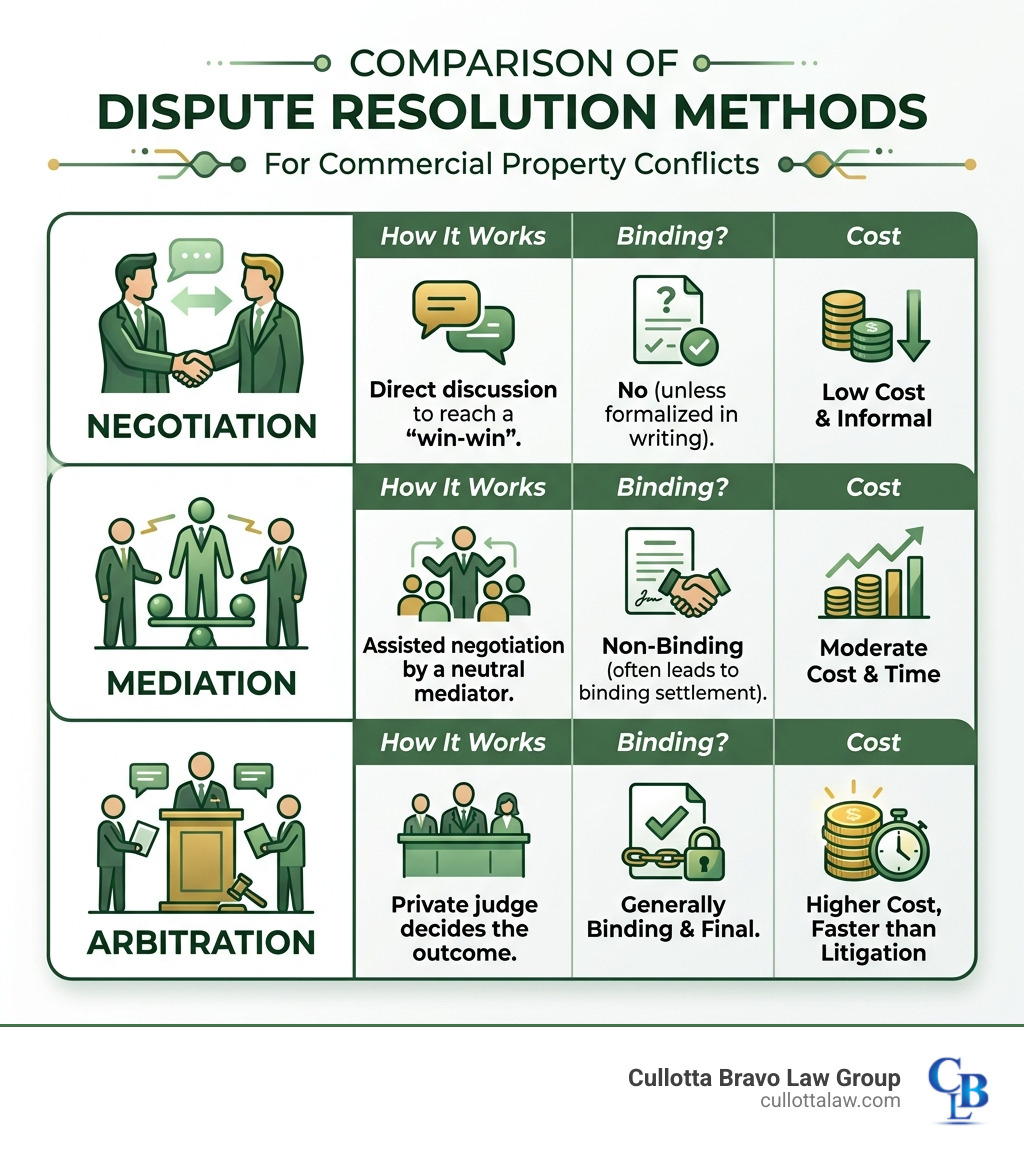 Comparison table of dispute resolution methods infographic