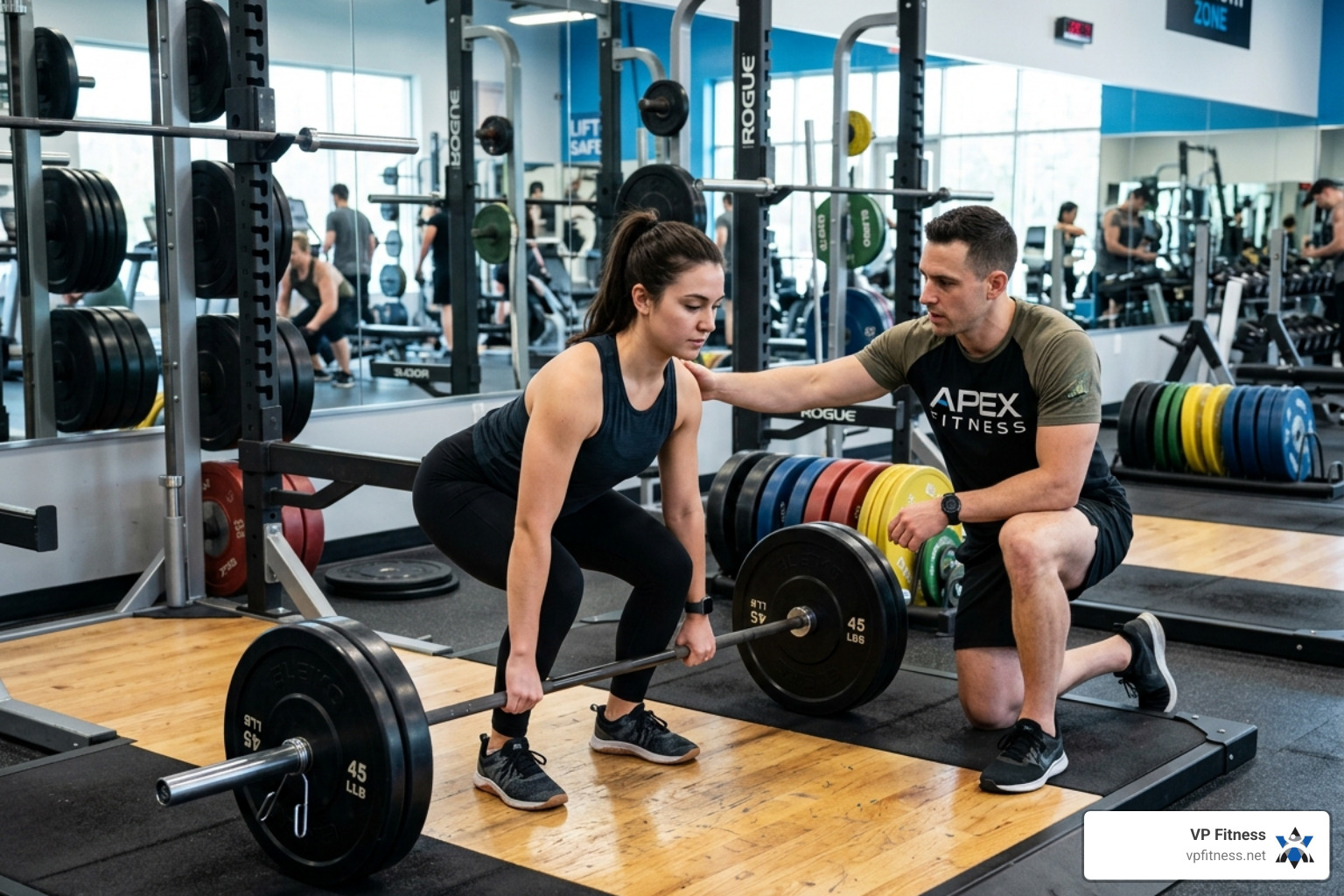 Personal trainer guiding a client through a deadlift in a professional gym