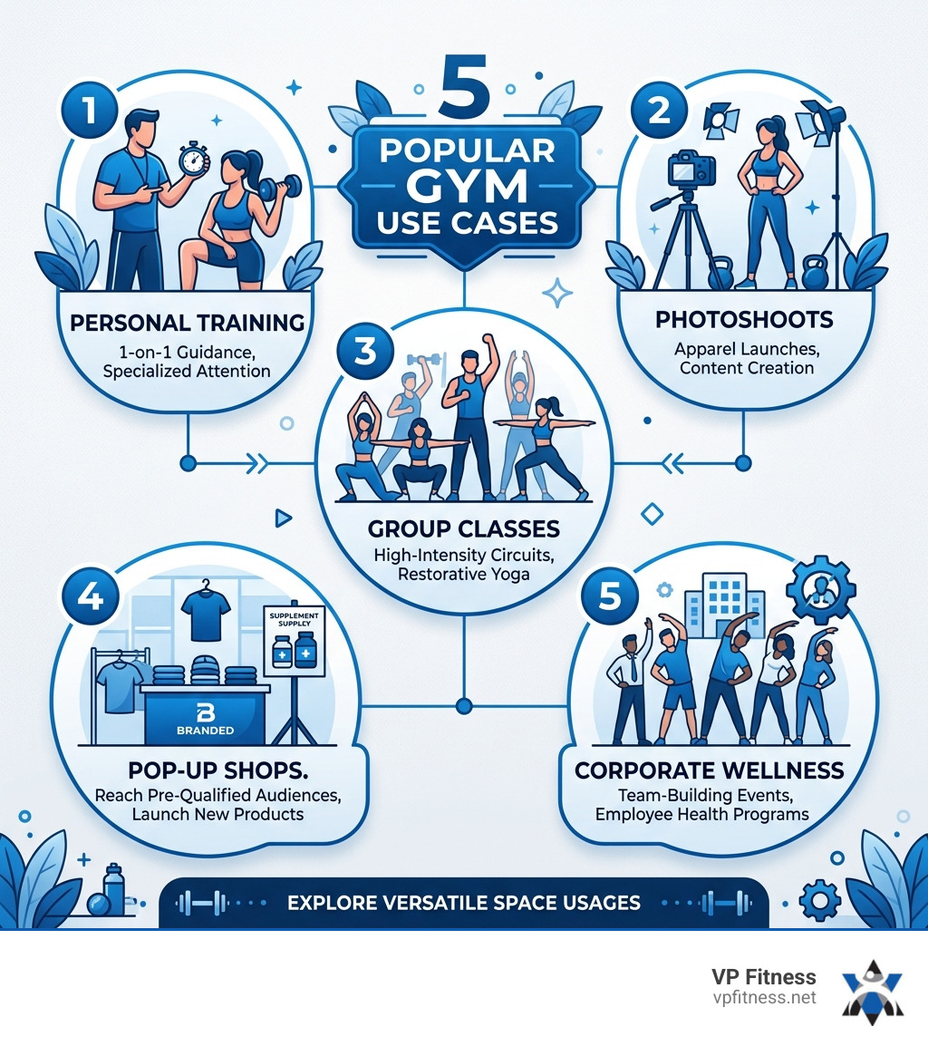 Infographic showing 5 popular gym use cases: 1. Personal Training, 2. Photoshoots, 3. Group Classes, 4. Pop-up Shops, 5.