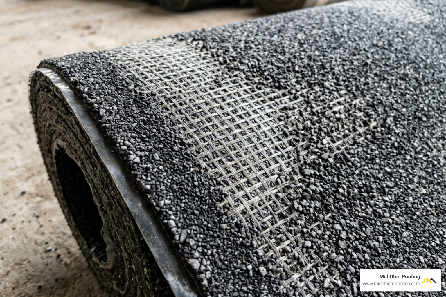 texture and surface of a modified bitumen roofing roll showing granules and reinforcement texture and surface of a modified bitumen roofing roll showing granules and reinforcement