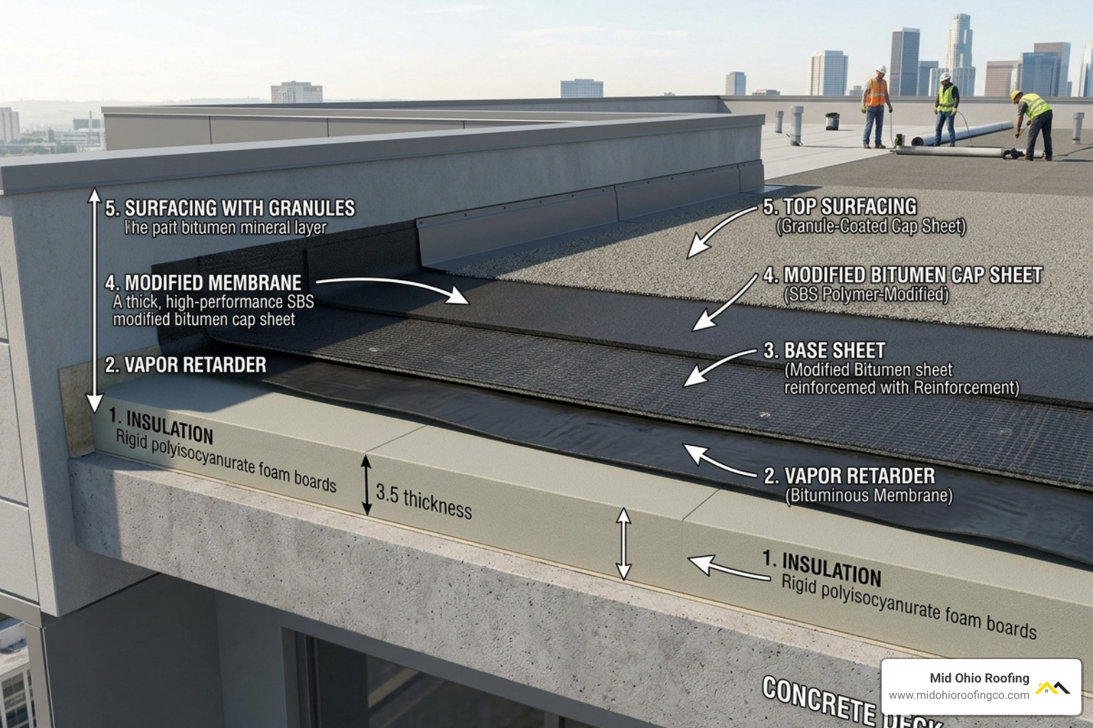 cross-section diagram showing the 5 layers of a modified bitumen roofing system cross-section diagram showing the 5 layers of a modified bitumen roofing system