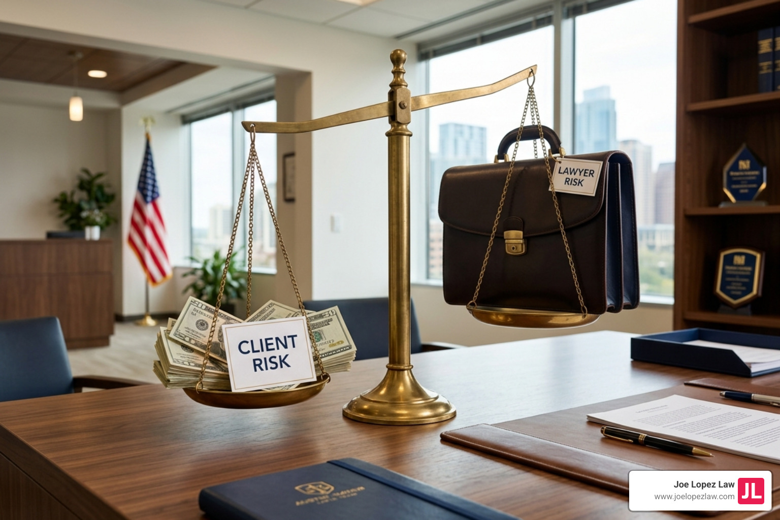a balance scale representing the distribution of financial risk between client and lawyer