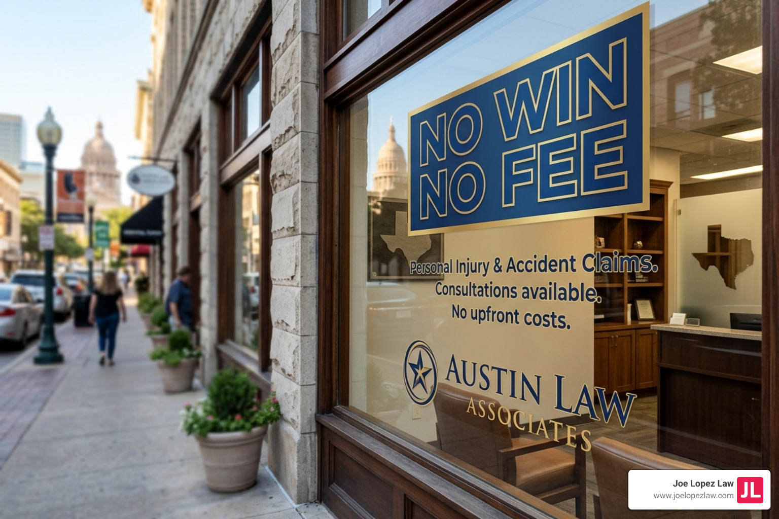 a sign in a professional office window reading No Win No Fee in company colors