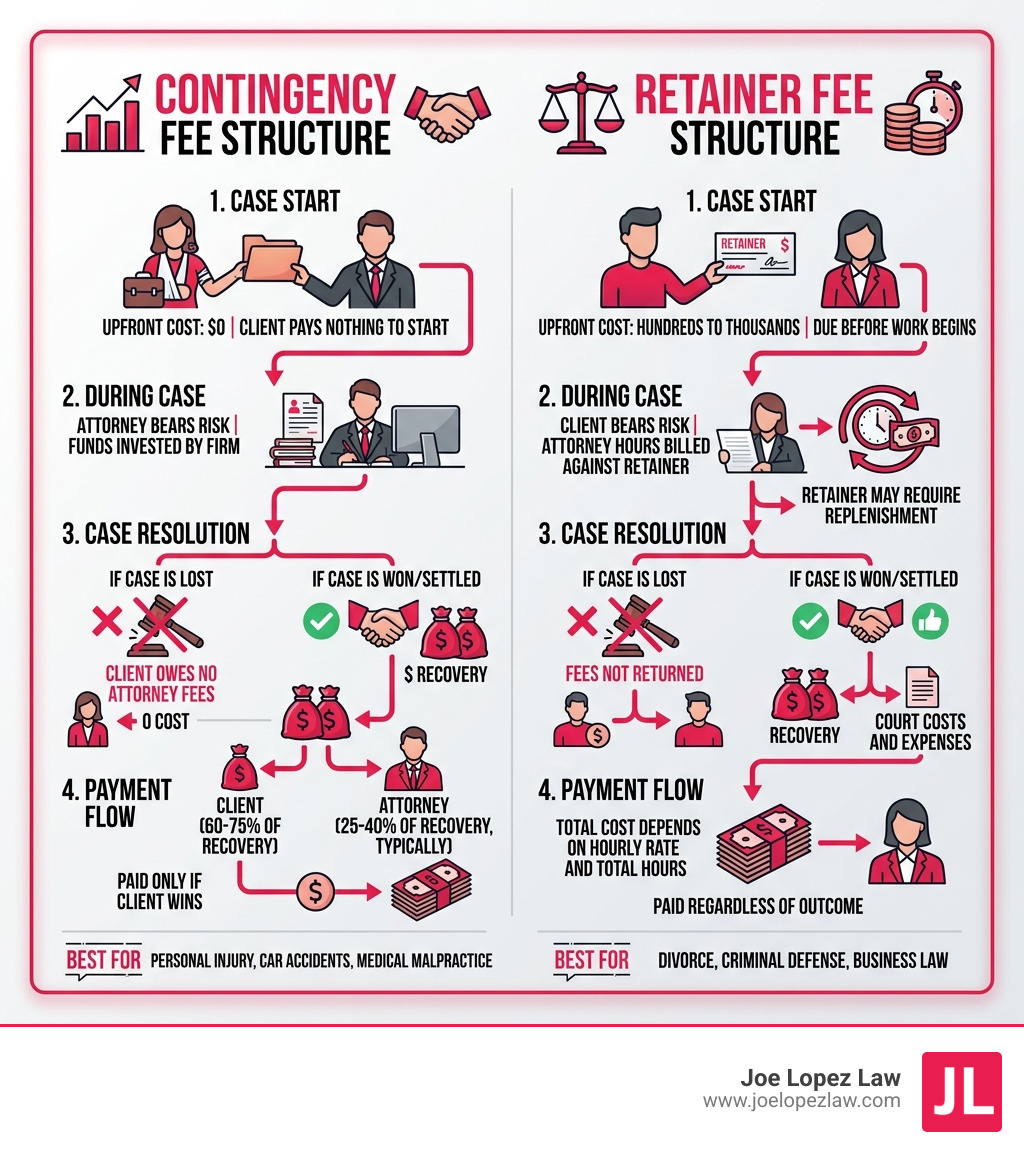 infographic showing the flow of legal payments under contingency fee vs retainer fee structures infographic