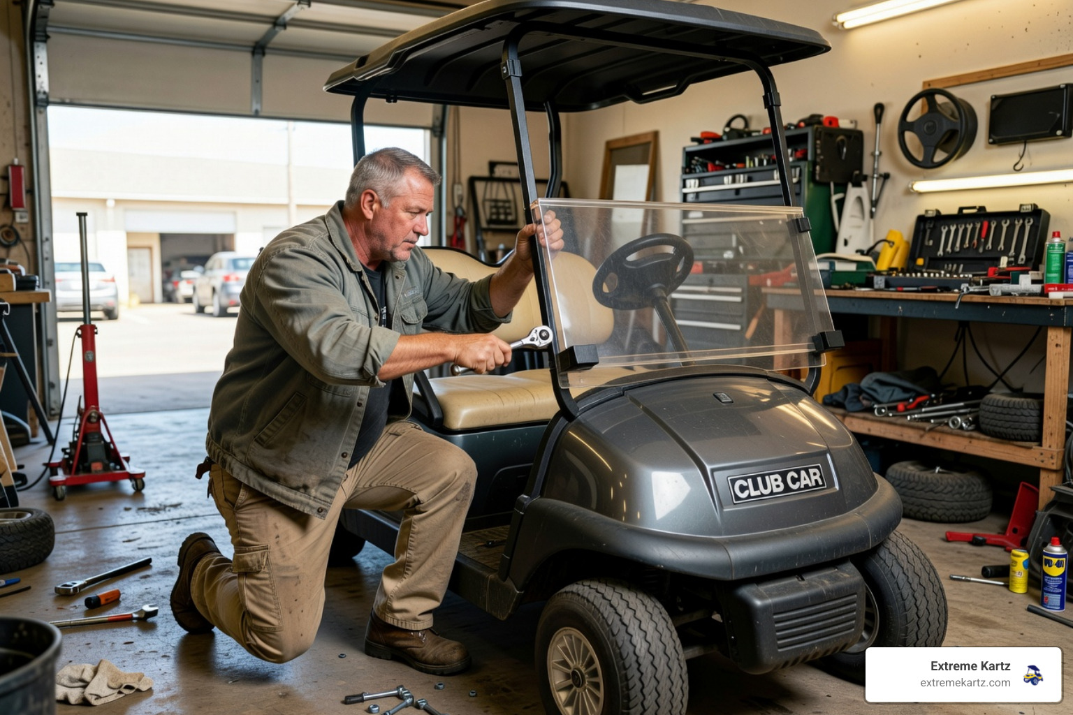 A technician installing a heavy-duty folding windshield on a golf cart in a well-lit shop