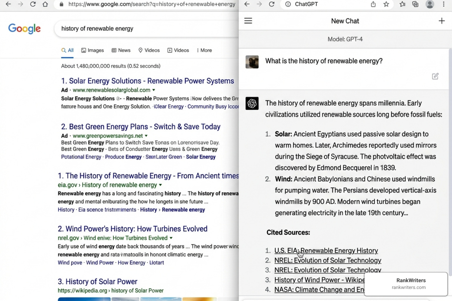 Comparison of a traditional Google search result page versus a conversational ChatGPT response highlighting cited sources