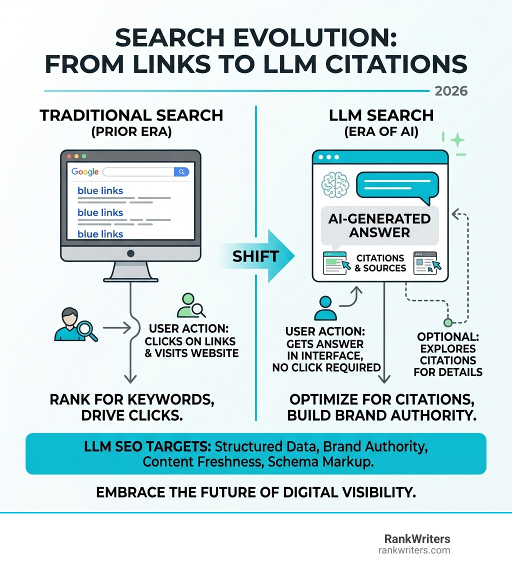 Infographic showing shift from traditional Google search links to AI-generated citations in LLM SEO infographic