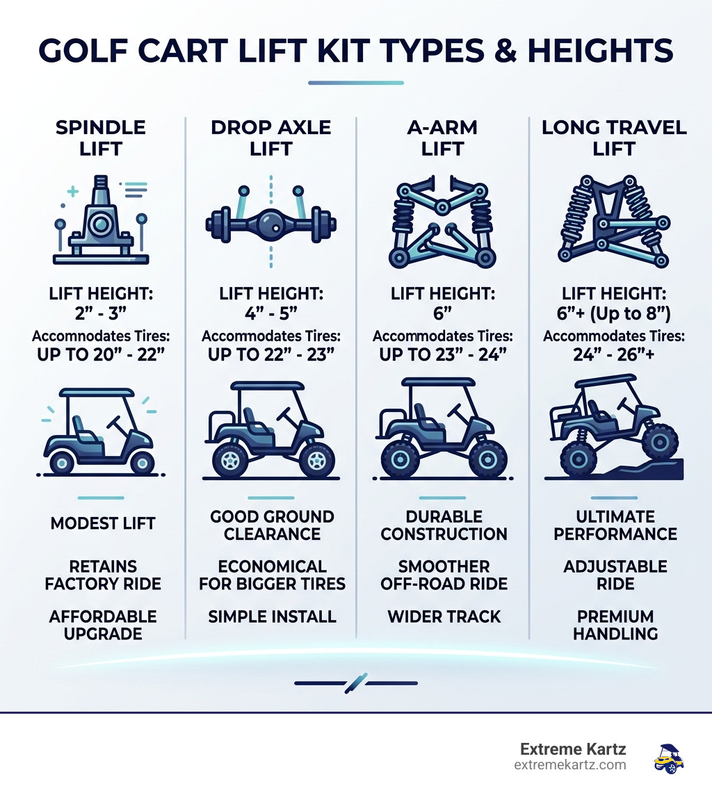 Golf cart lift kit types and heights infographic showing spindle, A-arm, drop axle, and long travel options with tire sizes