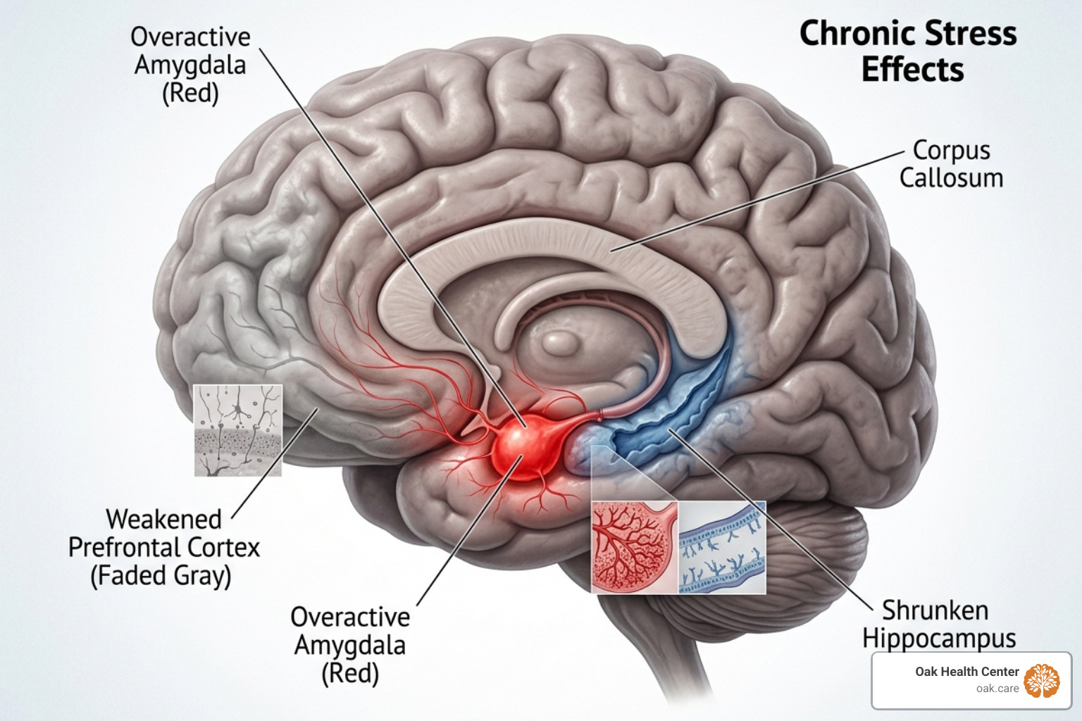 Anatomy of a brain under chronic stress: Amygdala (overactive), Prefrontal Cortex (weakened), Hippocampus (shrunken)