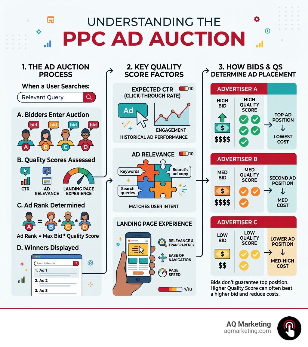 Infographic showing PPC ad auction process, Quality Score factors, and how bids determine ad placement infographic Infographic showing PPC ad auction process, Quality Score factors, and how bids determine ad placement infographic