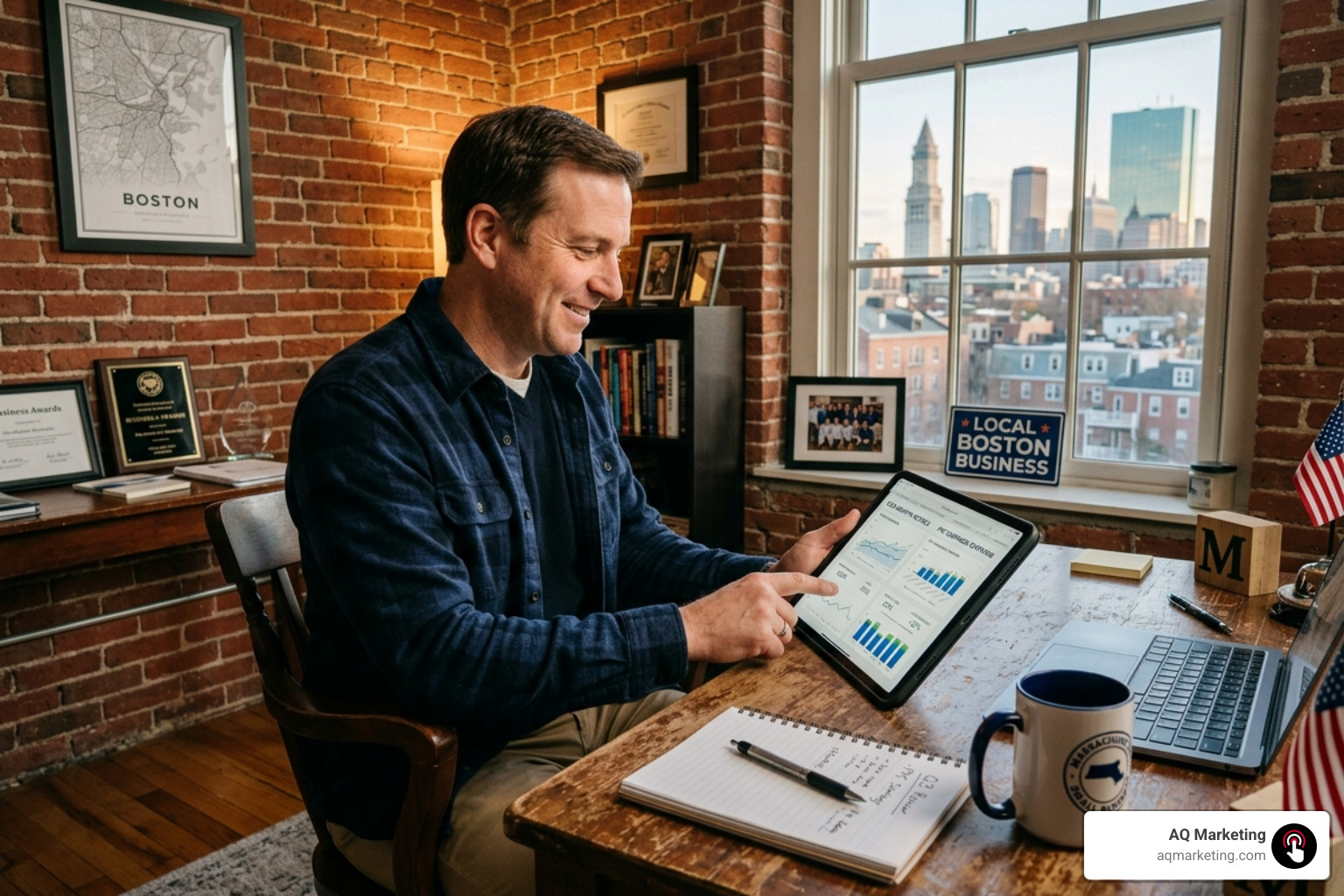 A local Massachusetts business owner in a brick-walled office reviewing growth metrics on a tablet A local Massachusetts business owner in a brick-walled office reviewing growth metrics on a tablet