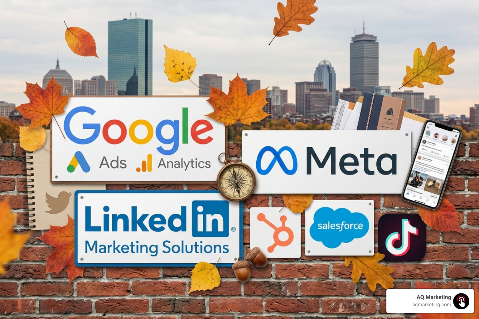 A collage of digital marketing logos like Google, Meta, and LinkedIn with a New England aesthetic A collage of digital marketing logos like Google, Meta, and LinkedIn with a New England aesthetic