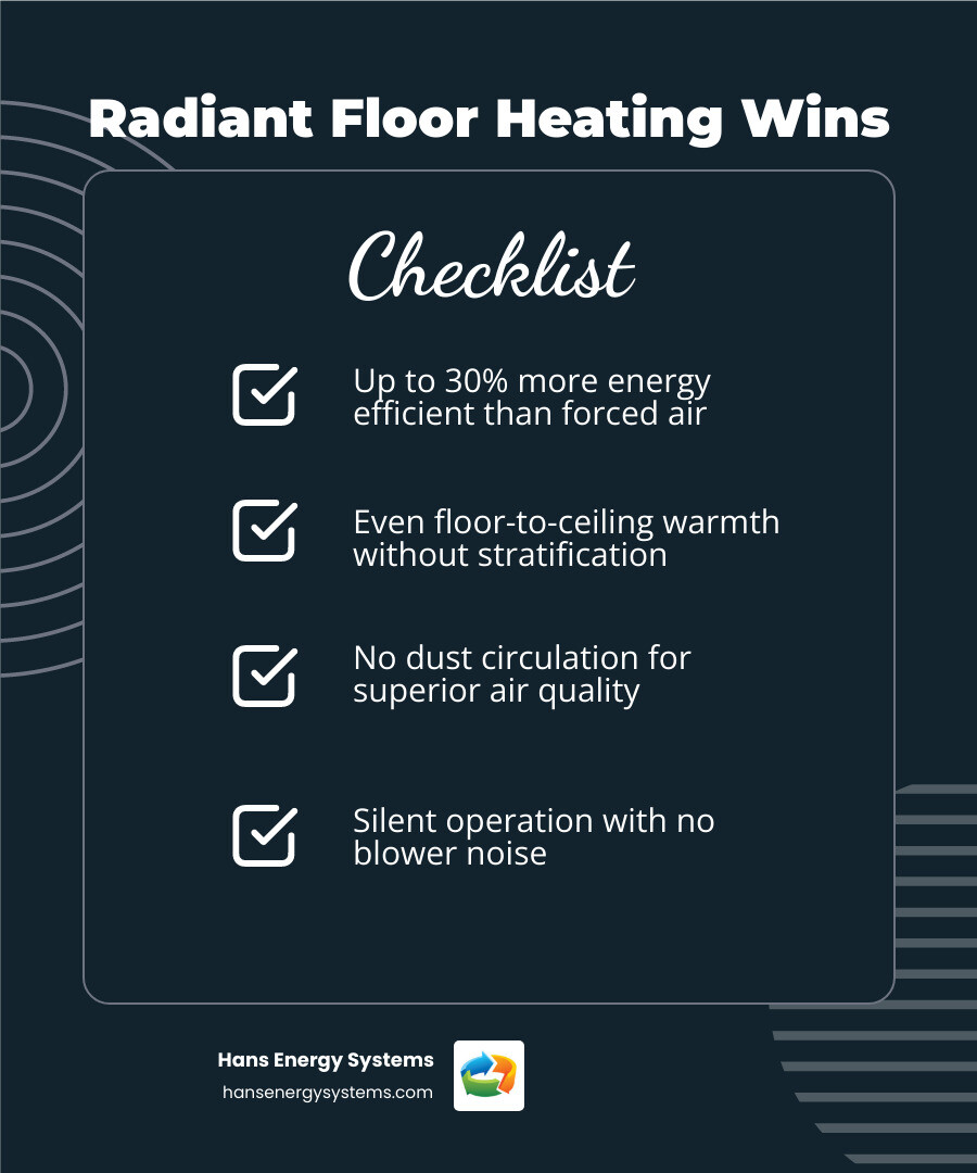 Infographic comparing radiant floor heating vs forced air: efficiency, comfort, air quality, cost infographic