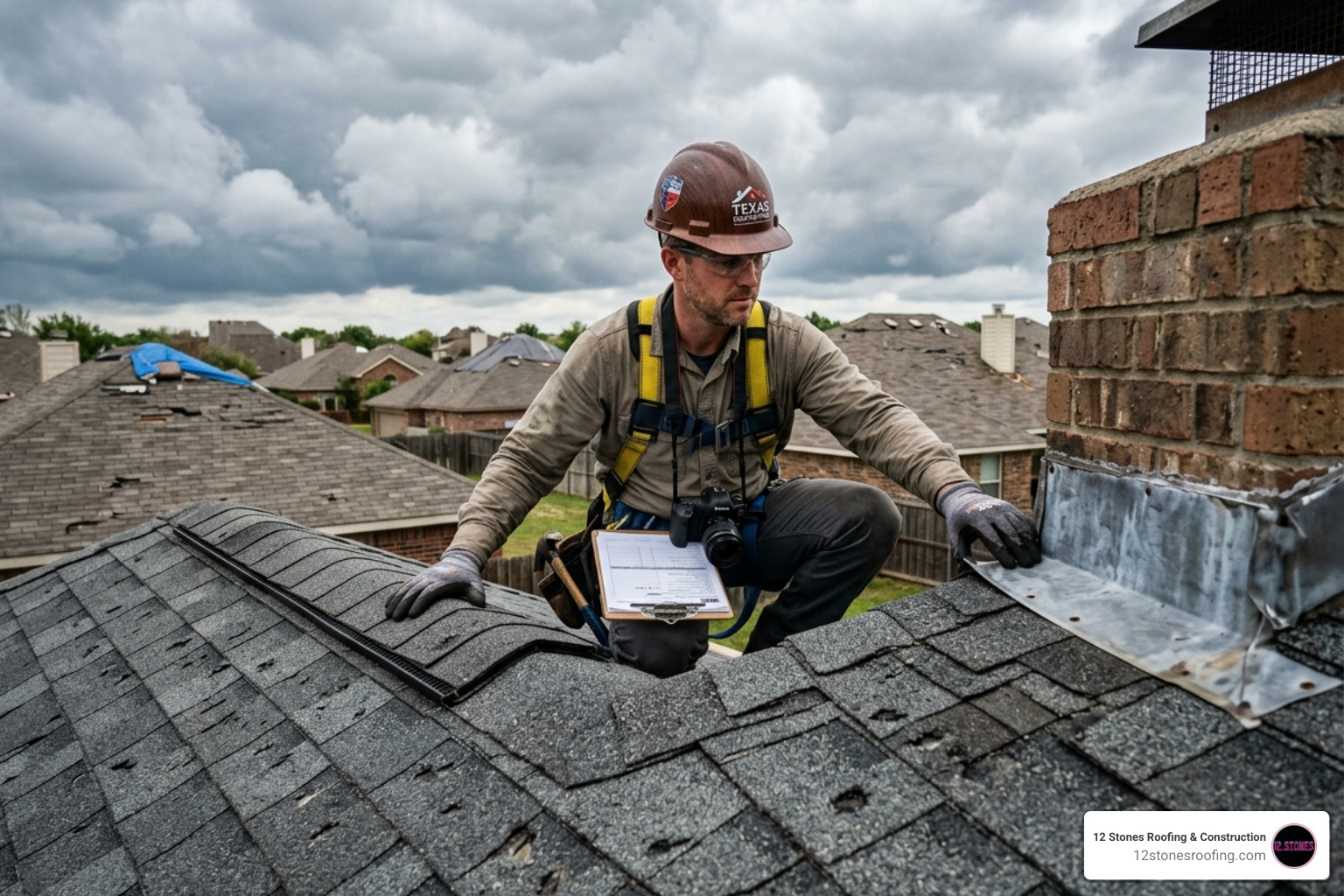 Roof inspection after a Texas storm focusing on flashing and ventilation