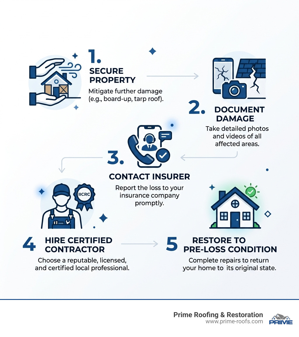 5-step storm recovery process infographic: secure property, document damage, contact insurer, hire certified contractor
