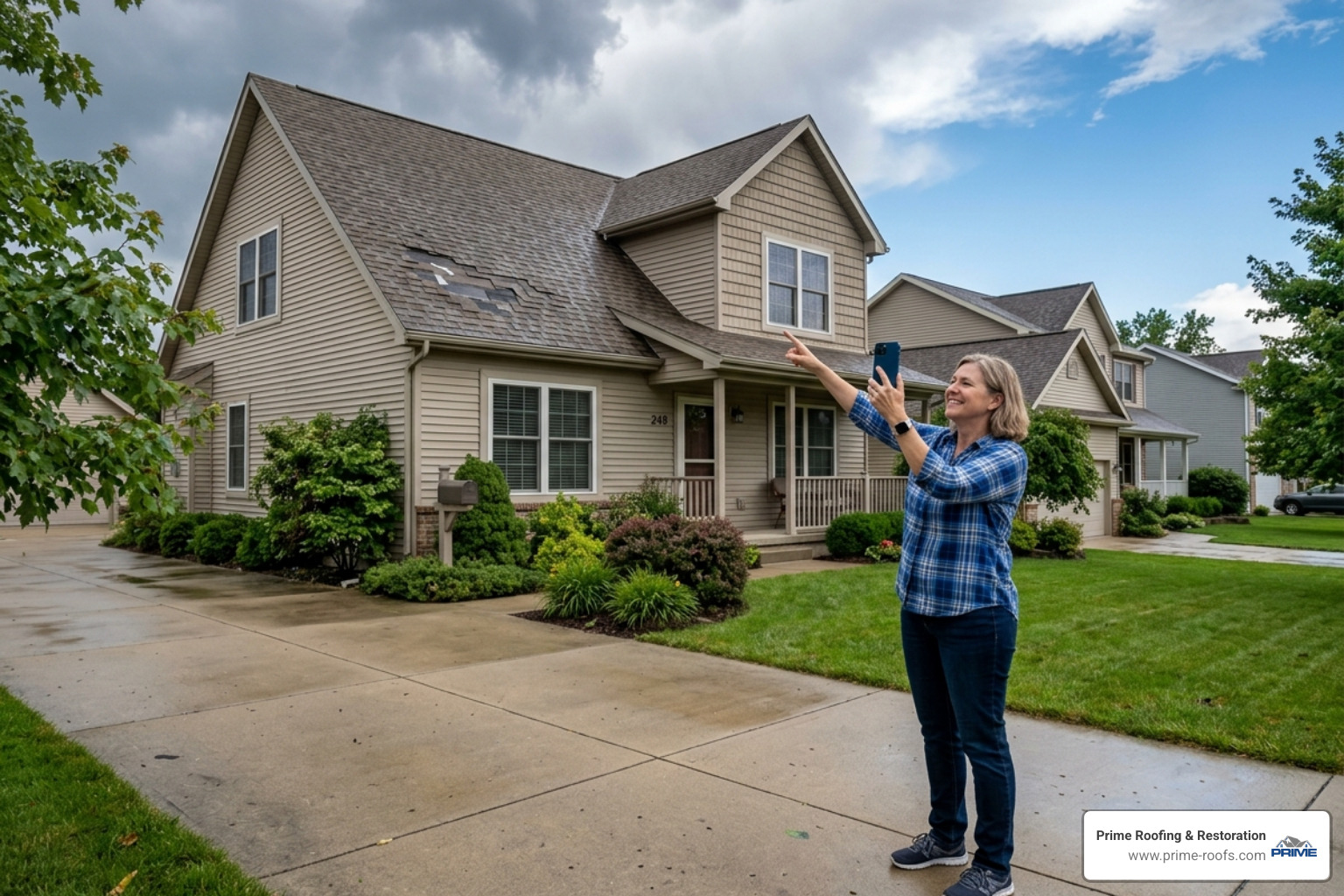 homeowner safely documenting roof damage from the ground