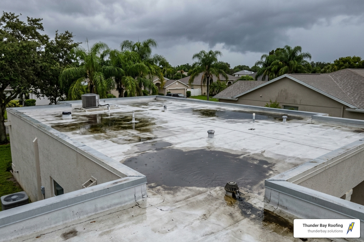 Residential flat roof showing ponding water after a heavy Florida rainstorm Residential flat roof showing ponding water after a heavy Florida rainstorm