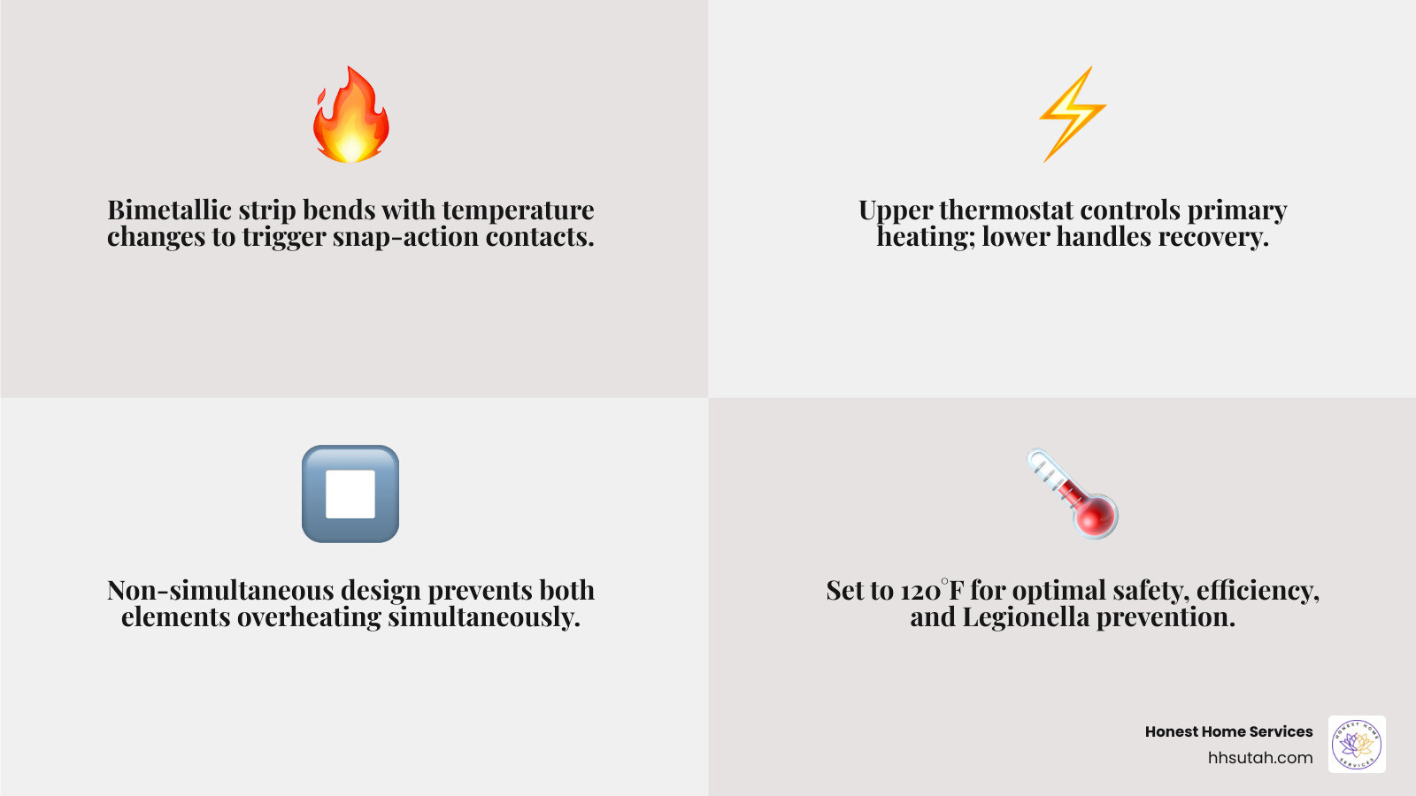 Infographic showing how a bimetallic thermostat triggers heating elements in a hot water cylinder infographic Infographic showing how a bimetallic thermostat triggers heating elements in a hot water cylinder infographic