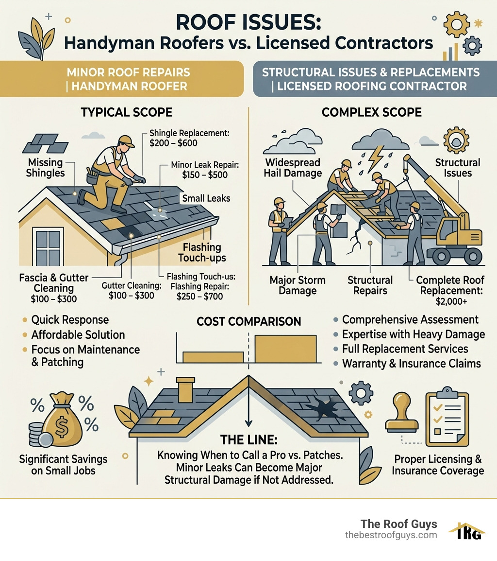 Infographic comparing minor roof repairs handled by handyman roofers vs full roof replacement by licensed contractors Infographic comparing minor roof repairs handled by handyman roofers vs full roof replacement by licensed contractors