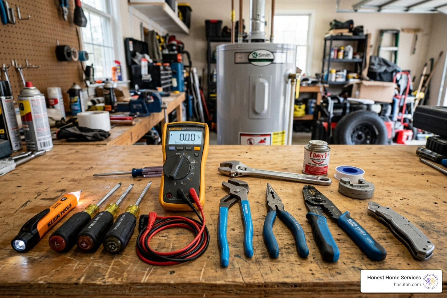 Essential tools for water heater repair including a voltage tester and screwdrivers Essential tools for water heater repair including a voltage tester and screwdrivers