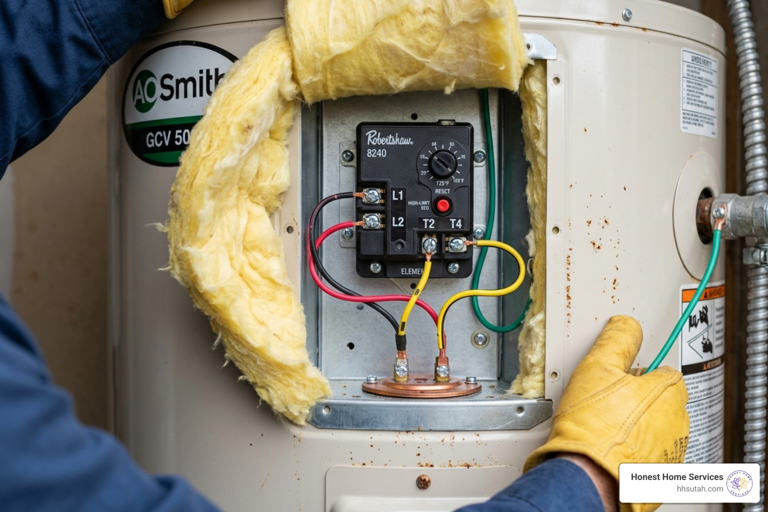 Upper thermostat with labeled wires and insulation pulled back Upper thermostat with labeled wires and insulation pulled back