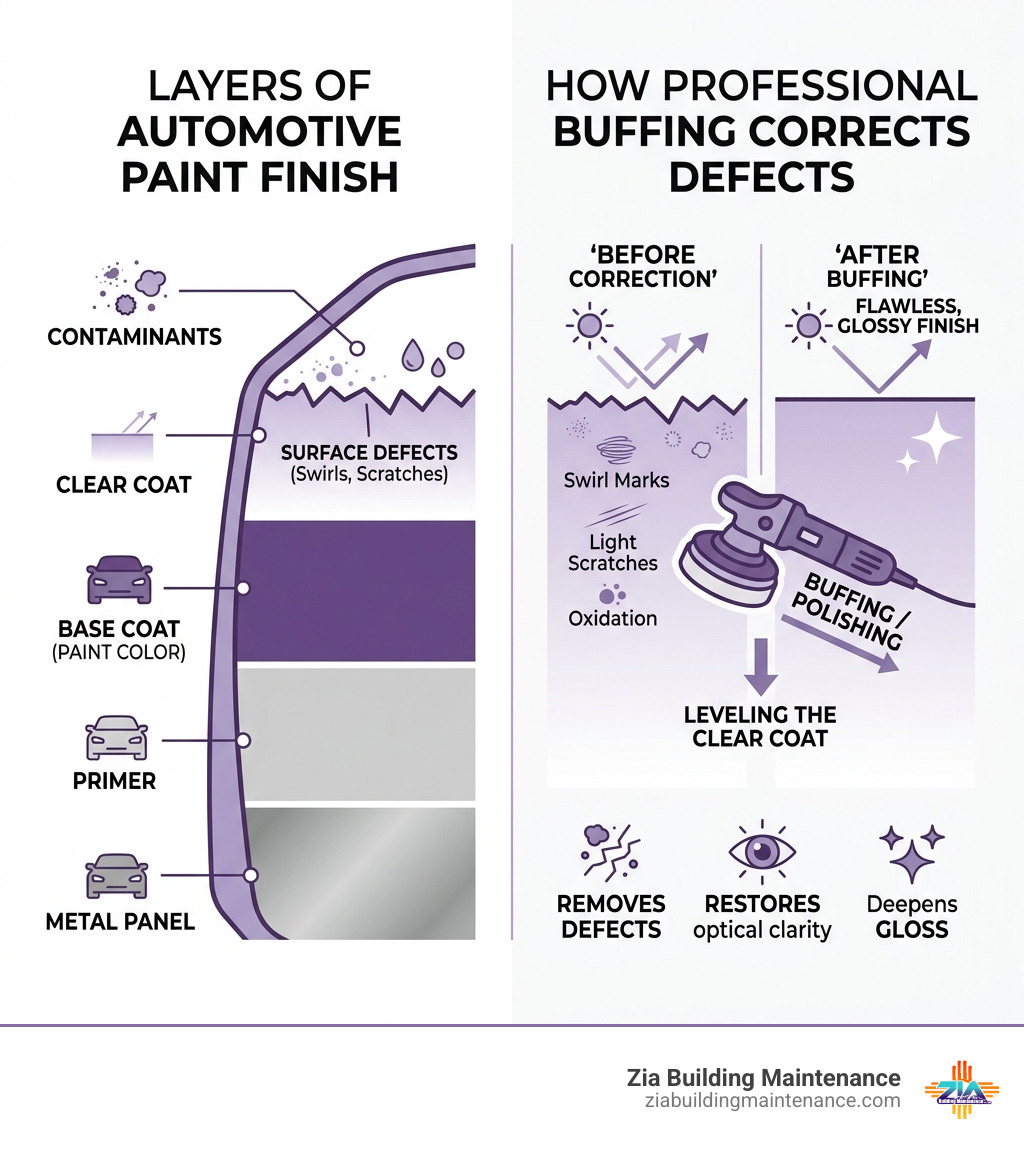 Infographic showing layers of automotive paint, clear coat, and how buffing corrects surface defects infographic Infographic showing layers of automotive paint, clear coat, and how buffing corrects surface defects infographic