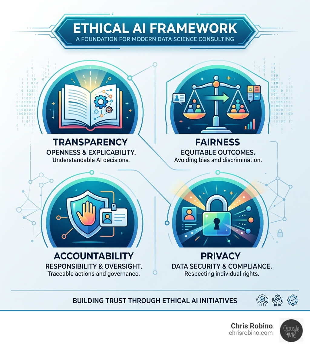 infographic showing an ethical AI framework: Transparency, Fairness, Accountability, and Privacy infographic