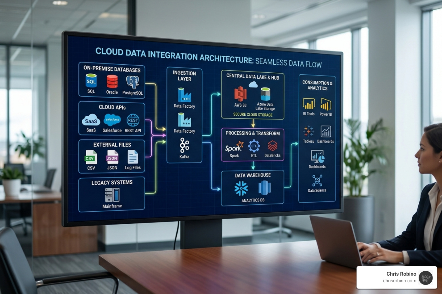 a cloud-based data architecture showing seamless integration of disparate data sources