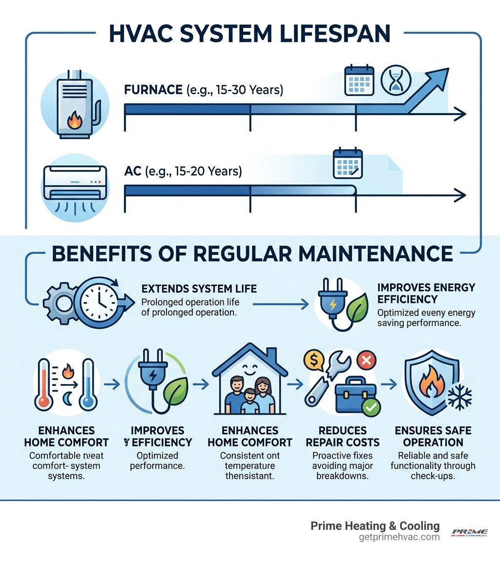 Infographic showing HVAC lifespan and maintenance benefits infographic