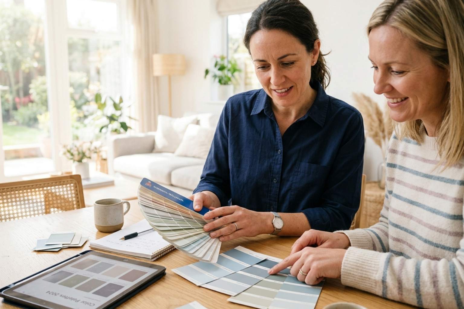 Professional consultant in navy blue reviewing color swatches with a homeowner